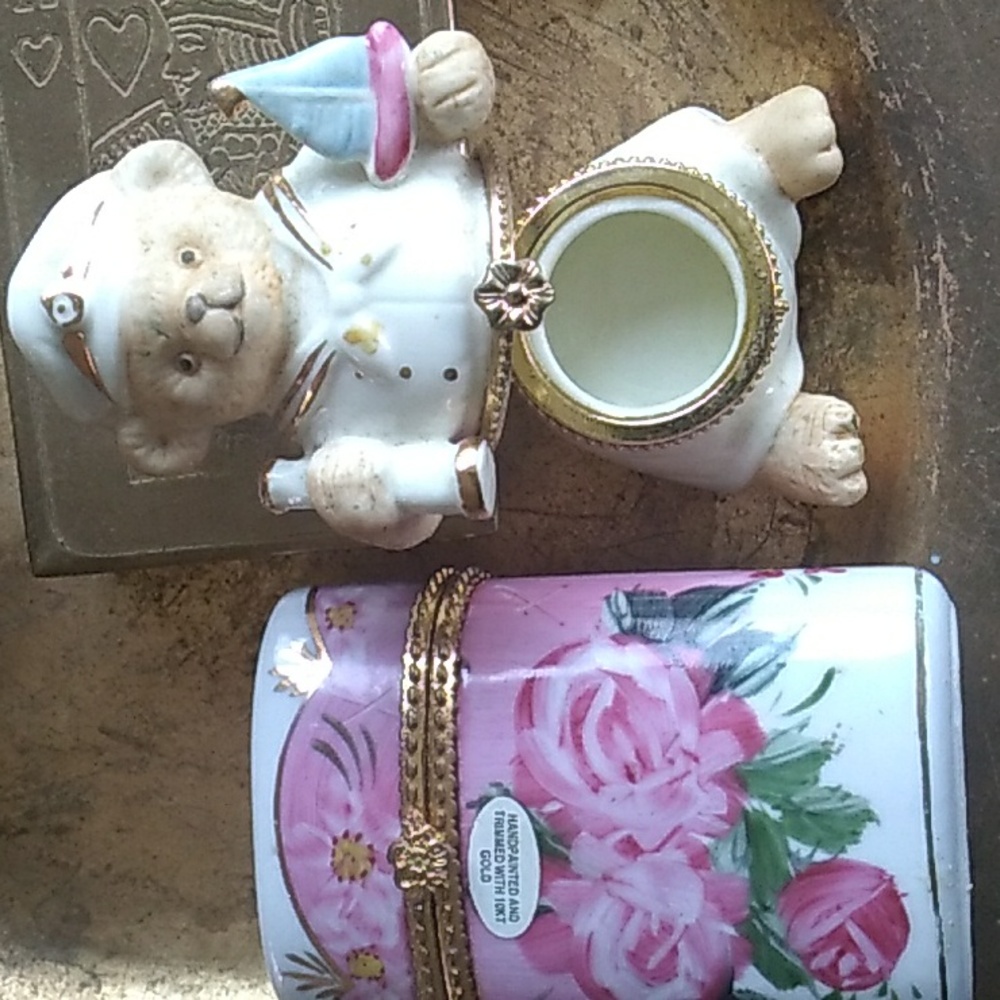 🧸Teddy Bear Hinged Porcelain Box, Formalities Baum Bros Teddy Trunk Trinket Box